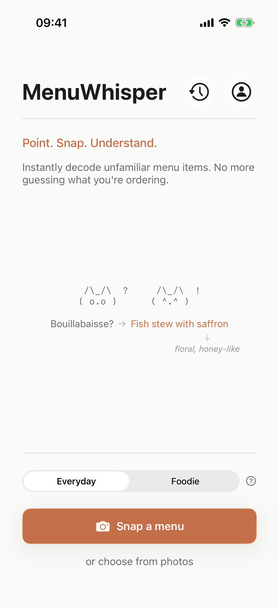 The MenuWhisper home screen with the Everyday and Foodie styles.