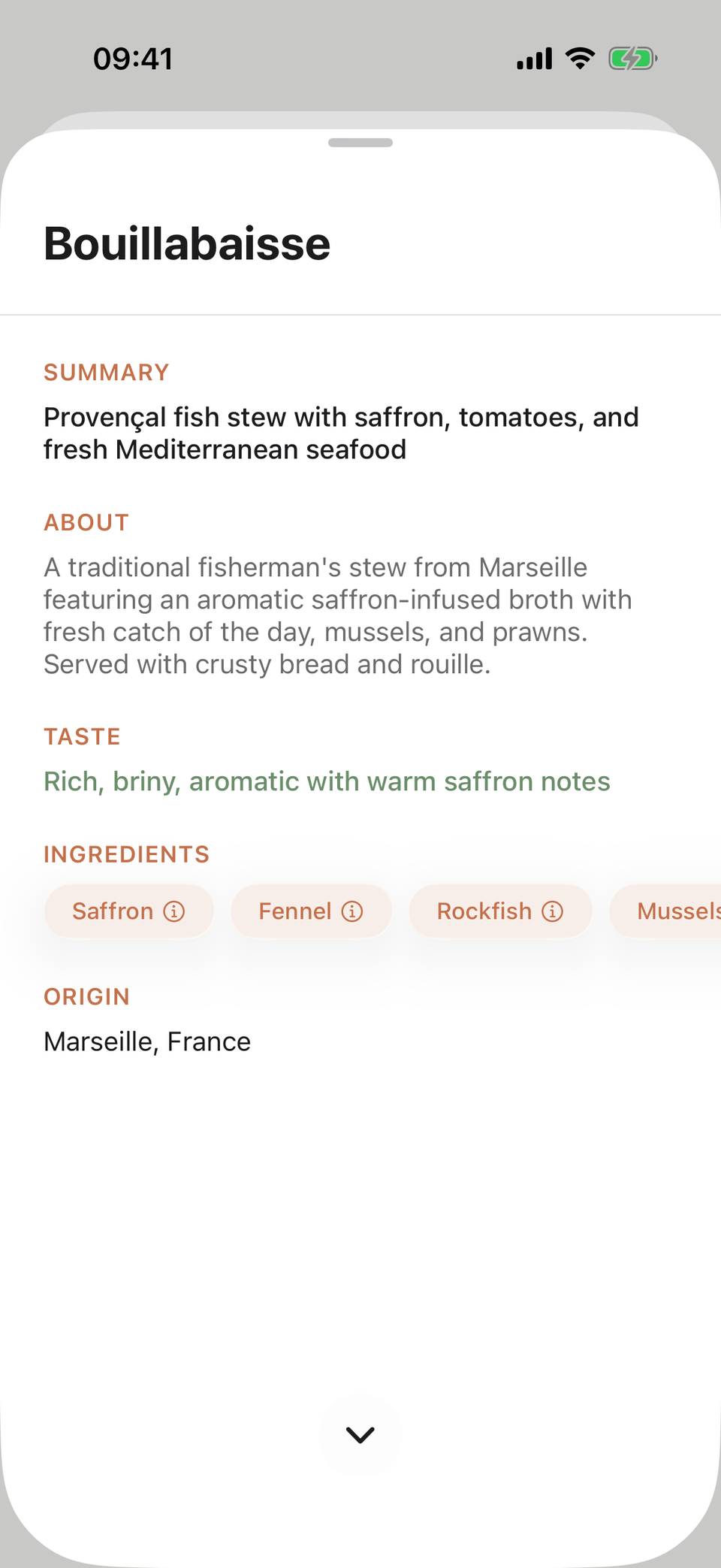 A MenuWhisper dish page explaining bouillabaisse.