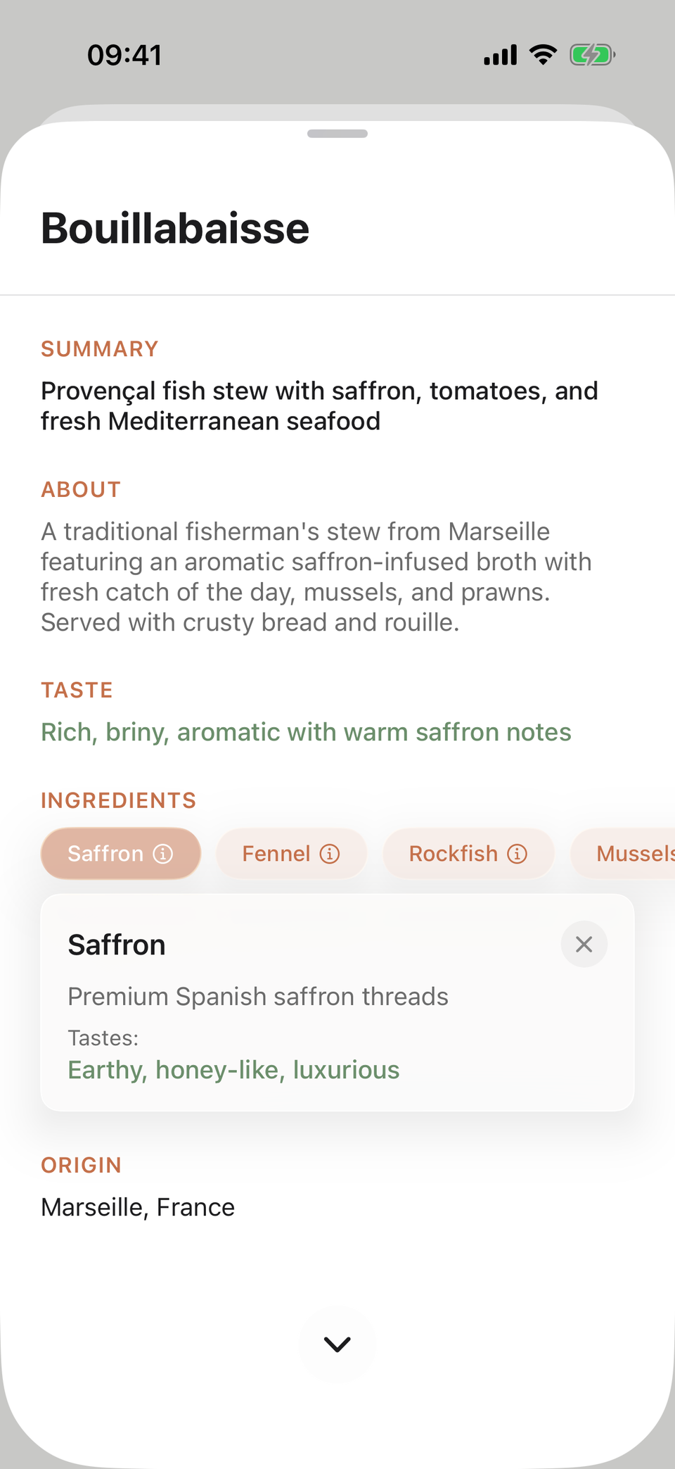 MenuWhisper explaining an ingredient of bouillabaisse.